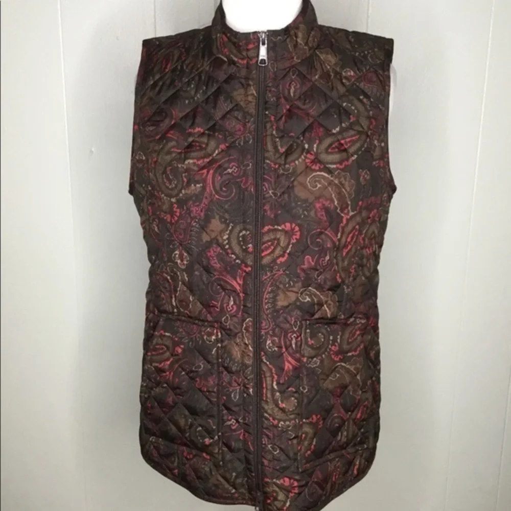 J Jill Black & Burgundy Paisley Quilted Fall Winter Spring Zip Up Vest XSP